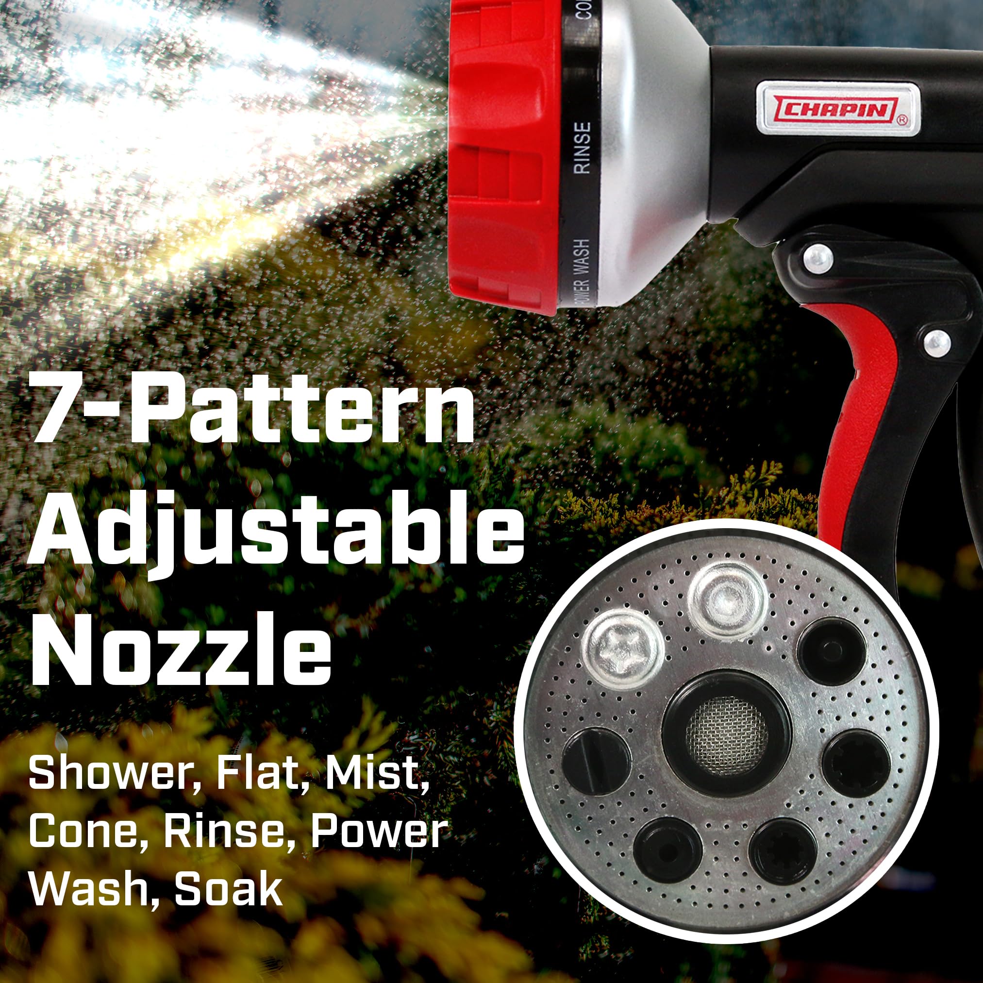 Chapin 4605: 7-Pattern Garden Hose Spray Nozzle with Front Trigger Grip, Threaded Connection Fits Standard Garden Hose, for Gardening, Landscaping, Watering and Outdoor Jobs, Red/Black - Image 4