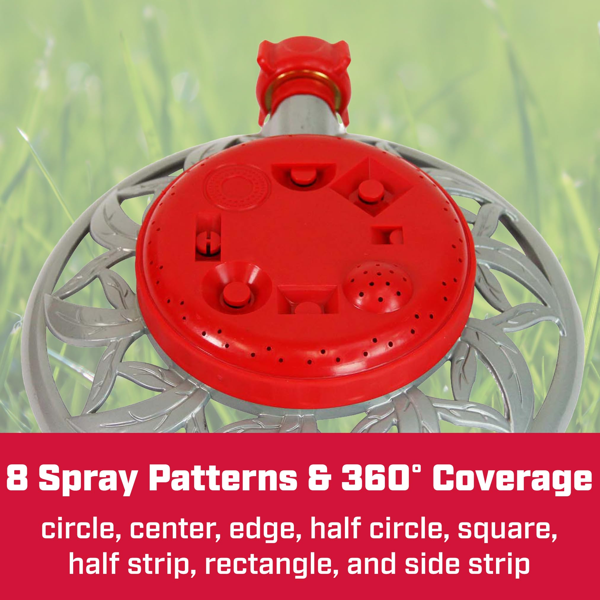 Chapin 4998: 8-Pattern Metal Circle Sprinkler, 360 Degree Sprinkler Head for Small Gardens and Lawns, Up to 40 ft Coverage Area, Lawn Sprinkler, Small Area Yards and Garden Watering, Red/Silver - Image 4