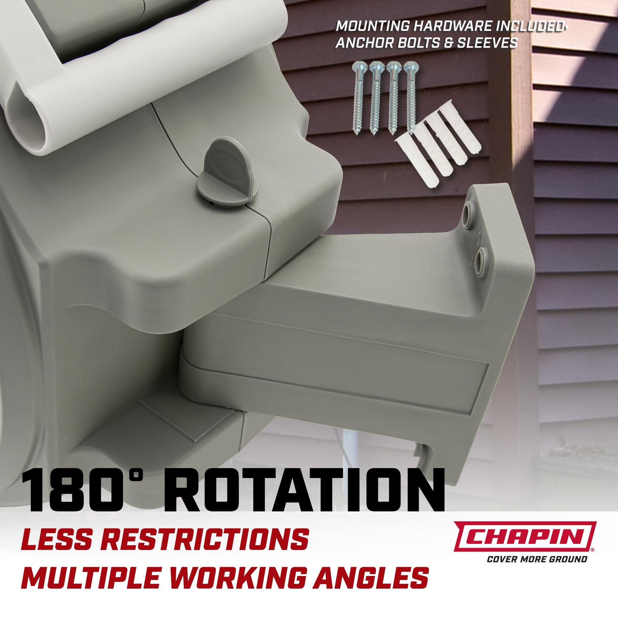 Chapin 5997 Garden Hose Reel, 65-feet Retractable, Wall Mounted Heavy-Duty Case, 180° Swivel Frame Mount, Automatic Retract, Locking Hose, 10 Position Metal Garden Hose Spray Nozzle - Image 3