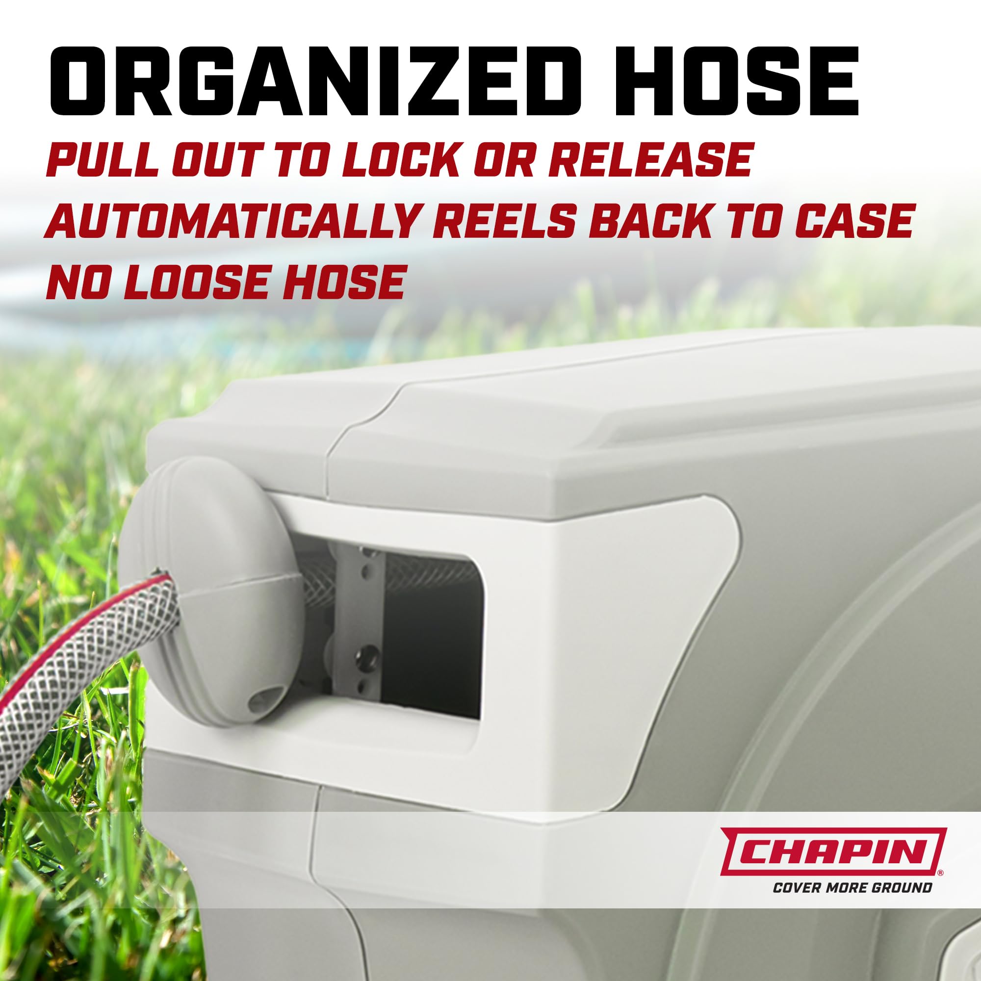 Chapin 5997 Garden Hose Reel, 65-feet Retractable, Wall Mounted Heavy-Duty Case, 180° Swivel Frame Mount, Automatic Retract, Locking Hose, 10 Position Metal Garden Hose Spray Nozzle - Image 5