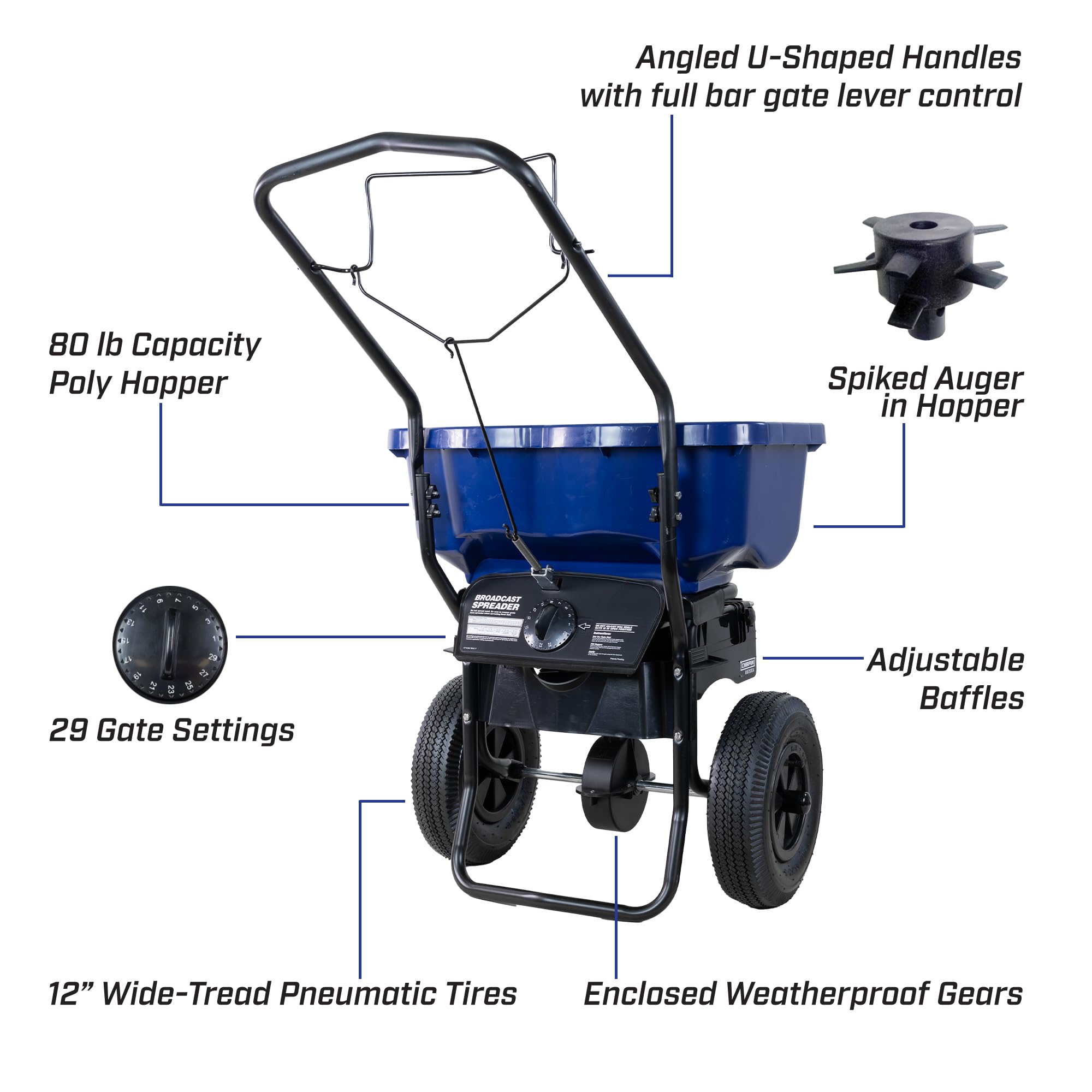 Chapin 88200A Spreader, Salt, Ice Melt, All Season, SaltPro, Walk Behind, Spiked Auger, Adjustable Baffles, 12" Tires, Coated Steel Frame, Enclosed Gears, Weather-Resistant, Rain Cover, 80Lbs - Image 3