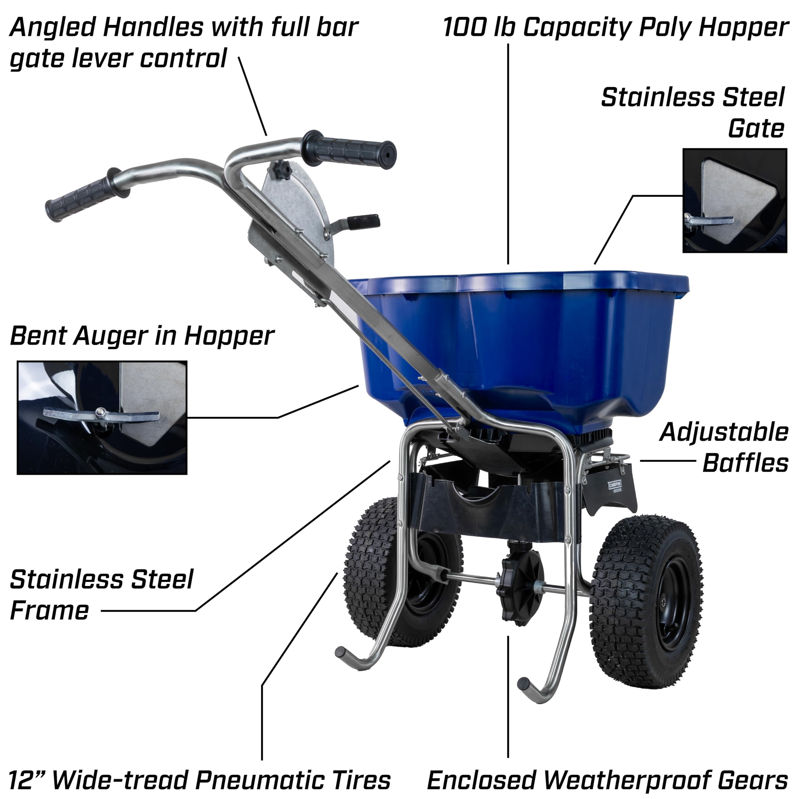 Chapin 88800B Spreader, Rock Salt, Ice Melt, Contractor, SaltPro, Walk Behind, Spiked Auger, Adjustable Baffles, 12" Tires, Enclosed Greased Gears, Ergo T-Handle, Weather-Resistant, Rain Cover, 100Lbs - Image 3