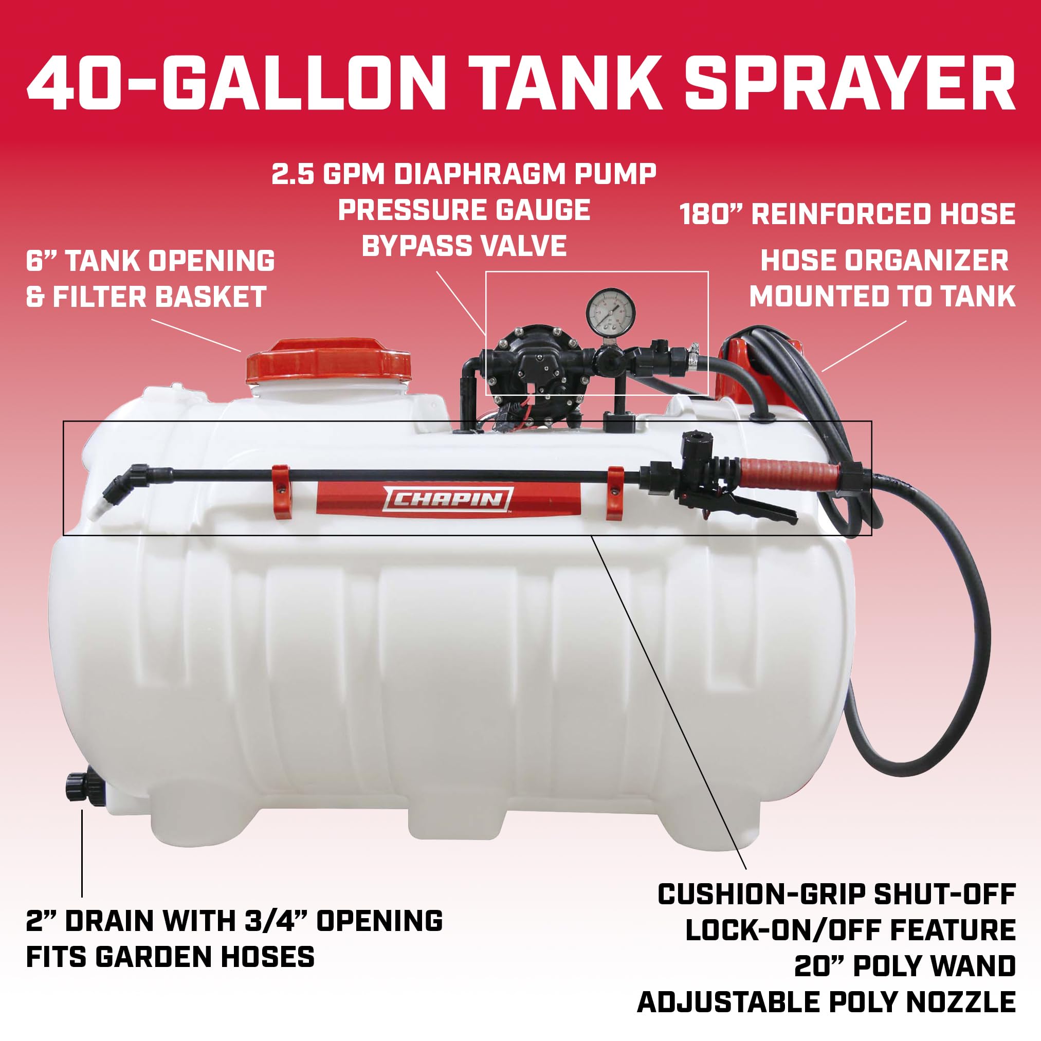 Chapin International 98444 40-Gallon Agriculture/Farming Tank Sprayer with 2-Nozzle Boom and 2.5 GPM Pump, 40-gallons, 1-Pack - Image 3